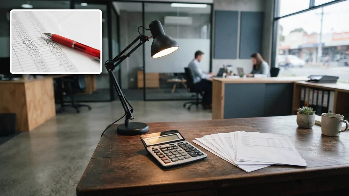A calculator and a stack of quarterly statements on an accountant's desk